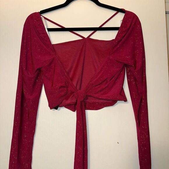 Lulus Medium Dark Pink Glitter Ruched Crop Top Long Sleeve Back Tie NWT - Picture 4 of 8